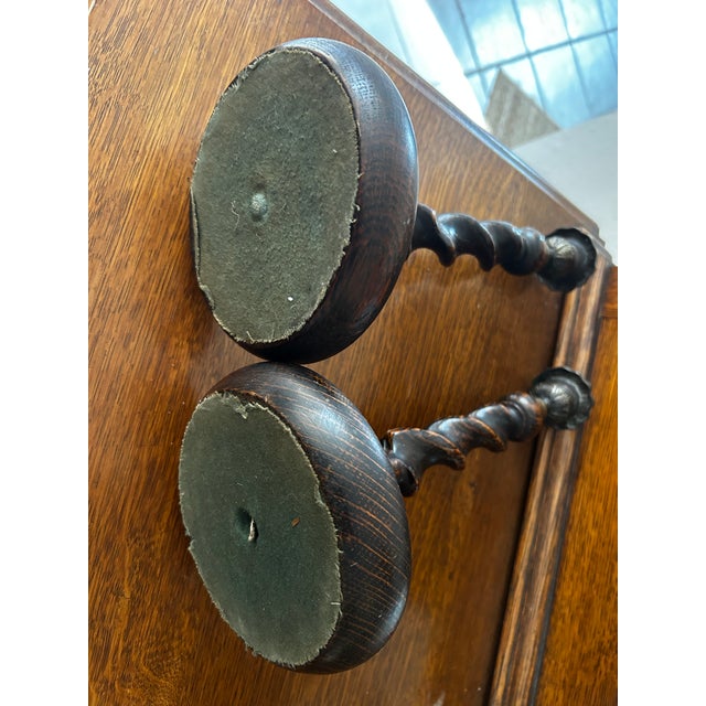 English Antique English Barley Twist Tiger Oak Candlesticks With Brass Cobeches For Sale - Image 3 of 7