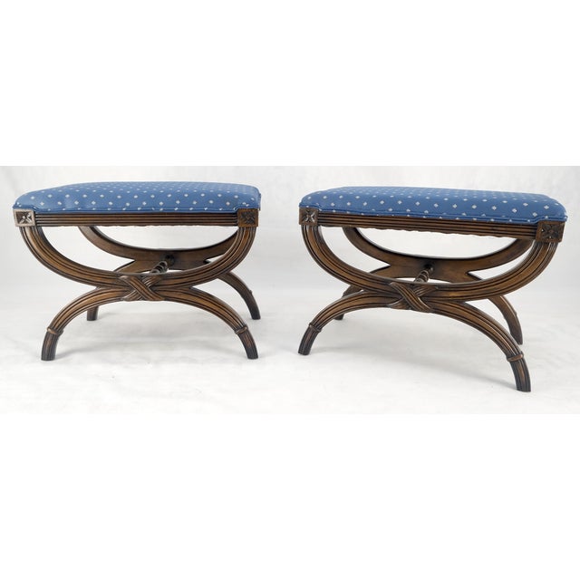 Baker Furniture Company Pair of Carved Regency Style Blue Upholstery Benches MINT For Sale - Image 4 of 10