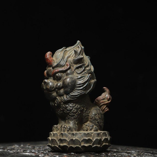 Chinese Vintage Gilt Bronze Qilin Sculpture Mythical Beast Figure on Lotus Base For Sale - Image 3 of 9