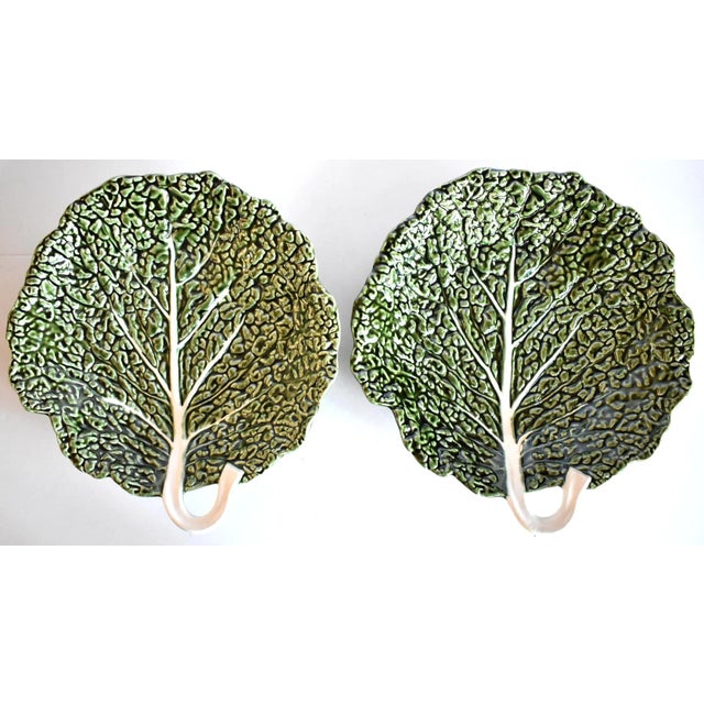 Green Portuguese Majolica Cabbageware Leaf Serving Bowls - a Pair For Sale - Image 8 of 8