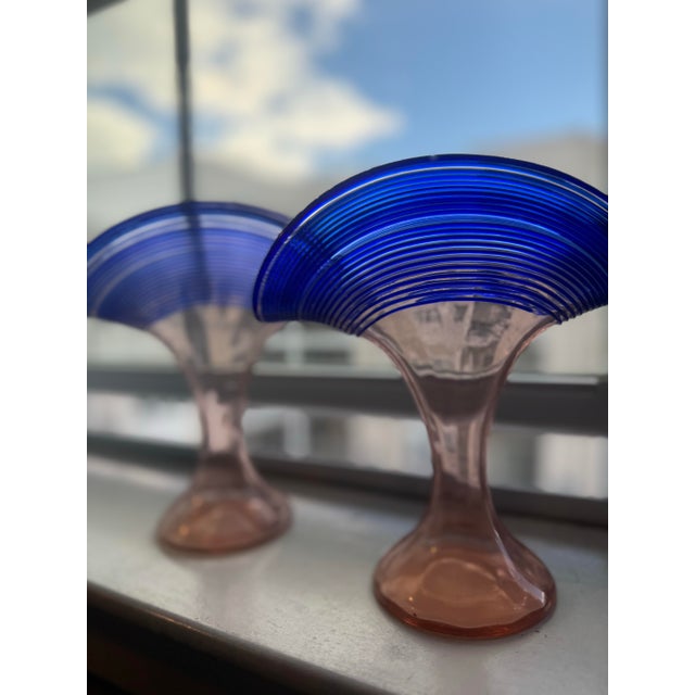Art Deco Vintage Czech Kralik Fan Vases *Set of 2* [Pink & Cobalt Blue] For Sale - Image 3 of 5
