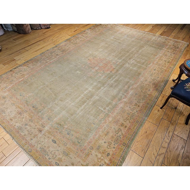 Early 20th Century Vintage Turkish Oushak Hand-Knotted Rug in Open Geometric Pattern in Pale Green, Yellow, Pink For Sale - Image 5 of 17
