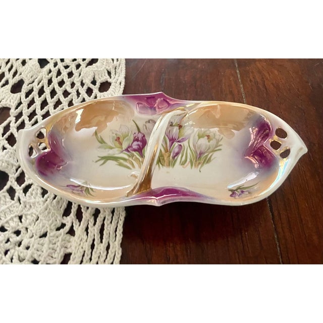 Ceramic Antique Celery Dish With Handle by Ipf Germany Porcelain – Lusterware Floral Candy Nut Dish – Purple & Gold , 8 1/4” For Sale - Image 7 of 10