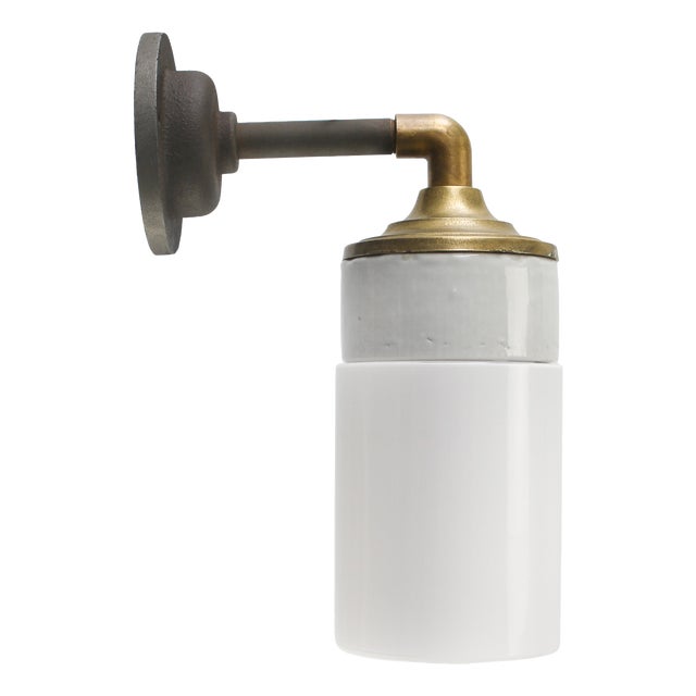 Vintage Industrial Sconce in White Porcelain and Opaline Glass For Sale