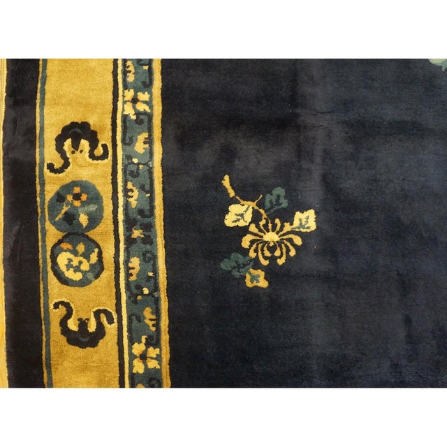1930s Navy Floral Deco Antique Chinese Peking Knotted Wool Rug 8'2" X 9'8" For Sale - Image 9 of 12