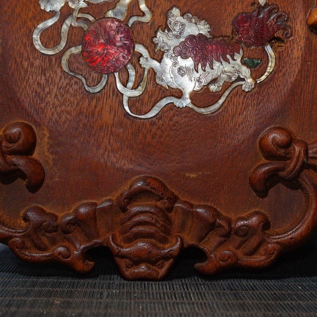 Vintage Chinese Huali Rosewood Mother-of-Pearl Inlaid "Qilin & Brocade Ball" Carved Tea Tray For Sale - Image 9 of 9