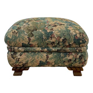 Vintage Botanical Tapestry Ottoman on Carved Hardwood Feet For Sale