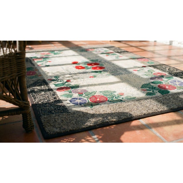 1930s Gray Floral Folk Art Antique American Hooked Rug 3 X 4'9" Handknotted Wool Carpet For Sale - Image 12 of 14