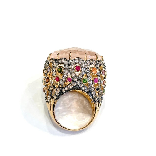 Bochic "Orient" Pink Quartz & Sapphire Ring Set In 18K Gold & Silver For Sale - Image 17 of 18