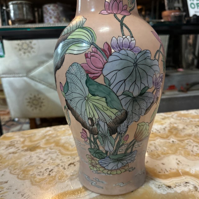 1970s Asian Style Vintage Ceramic Pink Floral Vase For Sale - Image 5 of 8