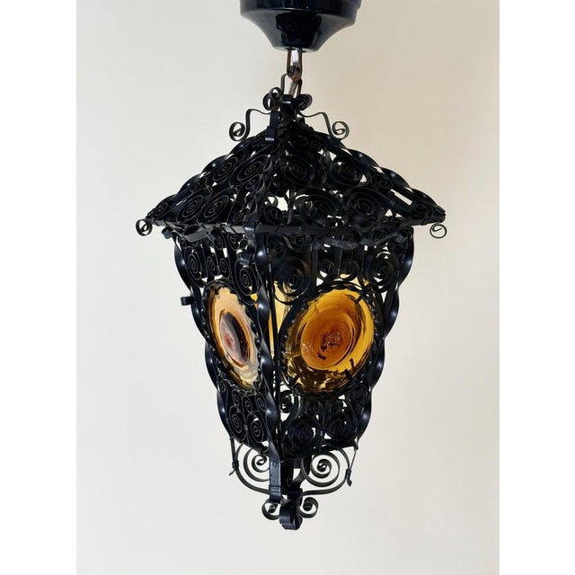 Venetian-Style Handcrafted Lantern Lamp with Amber Glass Panels, 1960s For Sale - Image 13 of 18