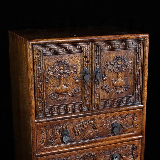 Vintage Huali Wood Miniature Cabinet With Drawers and Carved Doors For Sale In Los Angeles - Image 6 of 10