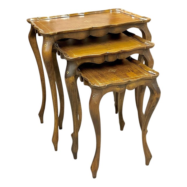 Vintage Franco Tacchi Florentine Italian Wood Set of 3 Nesting Tables For Sale
