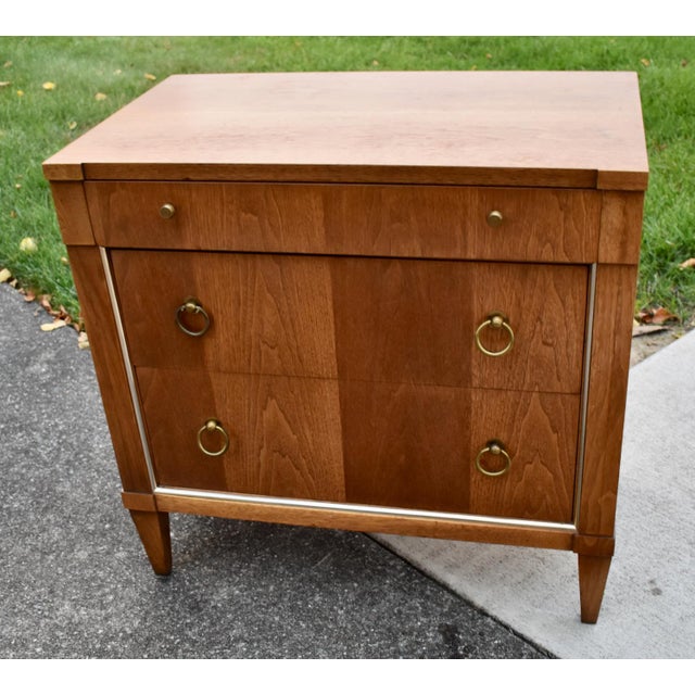 Mid-Century Modern John Stuart Walnut Nightstand Mid Century Modern Vintage 3 Drawer Chest Brass For Sale - Image 3 of 15