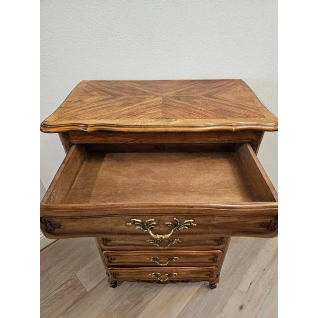 Mid 20th Century Vintage French Provincial Louis XV Style Walnut Oak Parquetry Semainier For Sale - Image 5 of 13