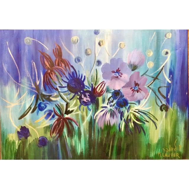 Surrealism Milia LauferIsraeli Large Vibrant Surrealist Flowers Oil Painting, c.1950s For Sale - Image 3 of 6
