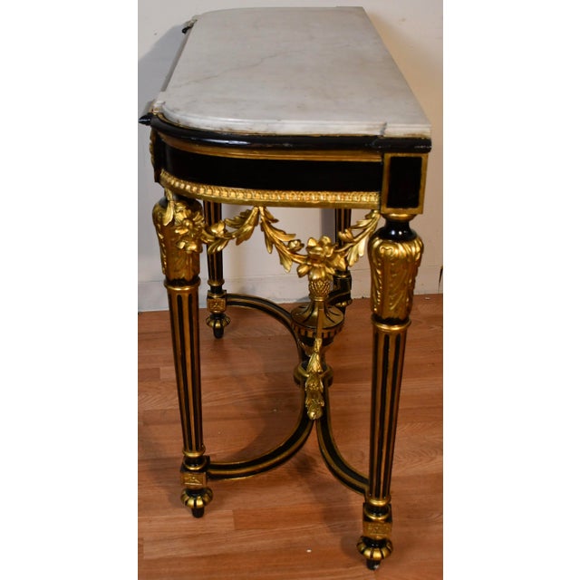 1880s Antique French Louis XVI Gold Gilt and Ebonized Carved Wood & Marble Top Console Table For Sale - Image 15 of 18