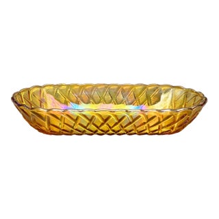 Vintage Indiana Glass Marigold Carnival Glass Oval Celery Dish With Lattice Diamond Pattern For Sale