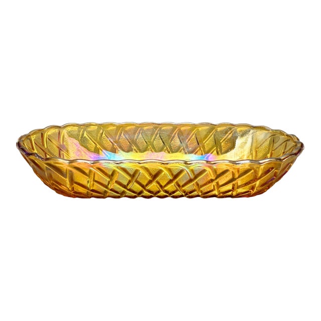 Vintage Indiana Glass Marigold Carnival Glass Oval Celery Dish With Lattice Diamond Pattern For Sale
