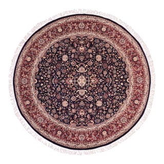 Shabby Chic 1990's Floral Pak-Persian Blue/Red Wool Round Rug- 8'1'' X 8'1'' For Sale