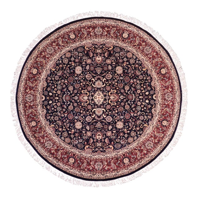 Shabby Chic 1990's Floral Pak-Persian Blue/Red Wool Round Rug- 8'1'' X 8'1'' For Sale