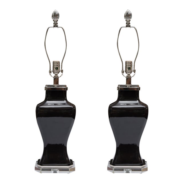 Pair of Contemporary Black Glazed and Lucite Lamps For Sale