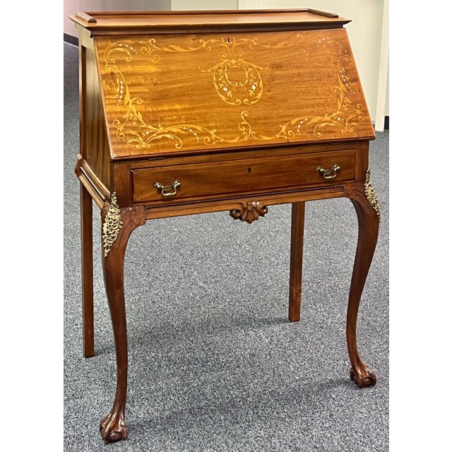 Very fine antique circa 1900 French Provincial ladies writing desk. Beautiful floral and scroll mother of pearl and...