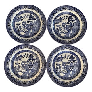 Vintage English Cottage Churchill Blue Willow 10 3/8" Dinner Plates England- Set of 4 For Sale