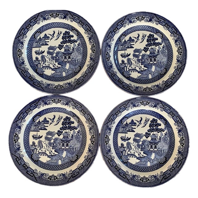 Vintage English Cottage Churchill Blue Willow 10 3/8" Dinner Plates England- Set of 4 For Sale