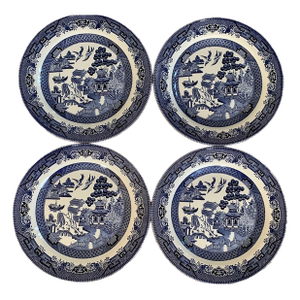 Vintage English Cottage Churchill Blue Willow 10 3/8" Dinner Plates England- Set of 4