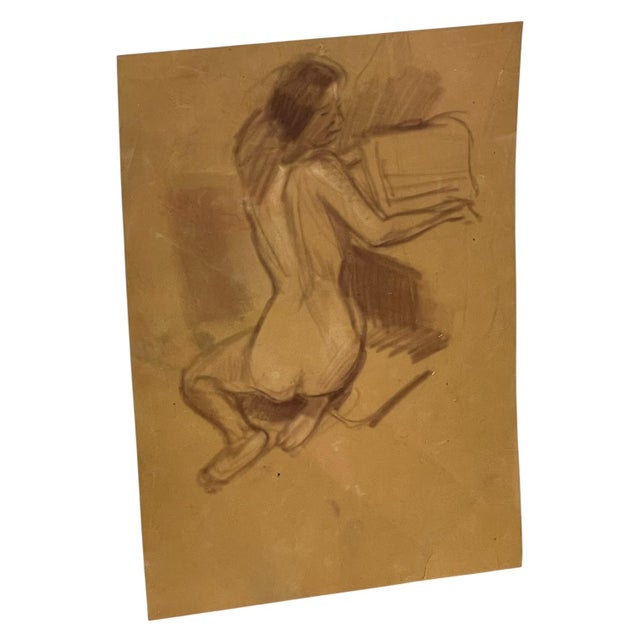 Figurative Vintage Seated Female Nude Figure Drawing on Toned Paper, Figurative Life Study. For Sale - Image 3 of 10