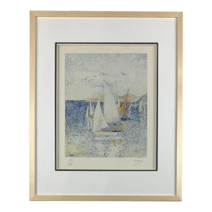Original Seascape Lithograph by Yvonne Canu, Pointillism Style