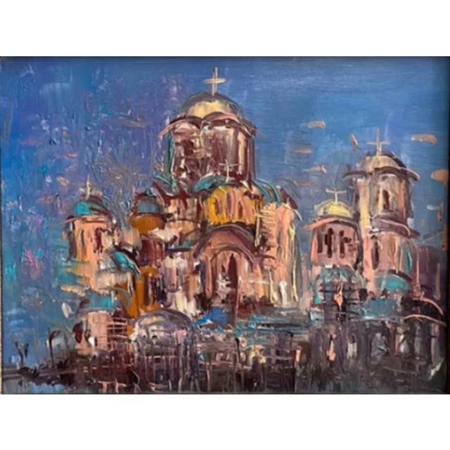 Impressionist-style oil painting of a Russian Orthodox Church. This piece is painted on board and framed, measuring 7.5” x...