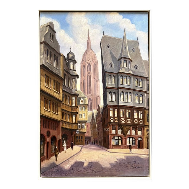 Emil Ross, the View of the Cathedral in Frankfurt Am Main from the Market, 1946, Oil on Canvas, Framed For Sale