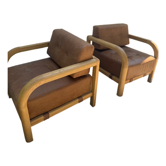 Pair of Leather and Wood Armchairs From Anthropologie For Sale