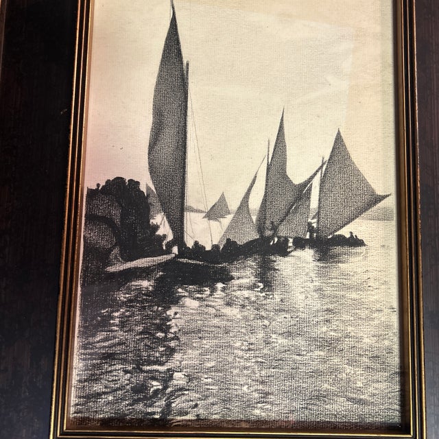 1930’s original realism nautical charcoal pencil drawing, featuring sailboats on the water. Framed in contemporary frame....