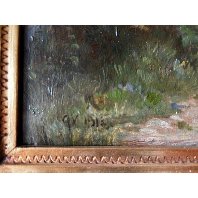 Wood Antique Original Oil Painting by Gustav Vermehren, Cottage at Dusk, Realism For Sale - Image 7 of 12