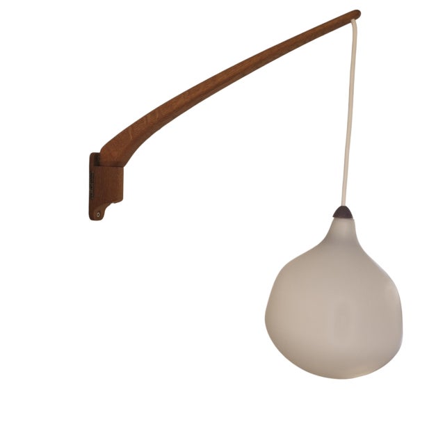Luxus Teak and Opaline Glass Wall Lamp by Uno & Östen Kristiansson for Luxus, Sweden, 1960s For Sale - Image 4 of 9