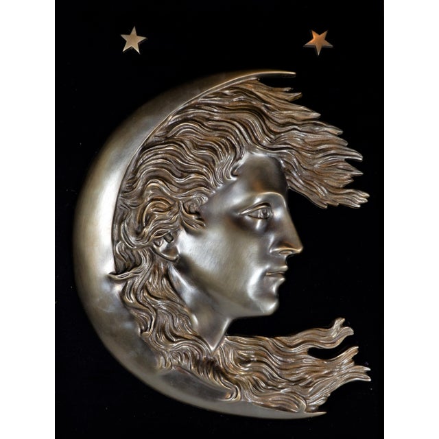 Art Nouveau Antique 1900s Cast Bronze Woman’s Face in Crescent Moon Plaque90 For Sale - Image 3 of 9