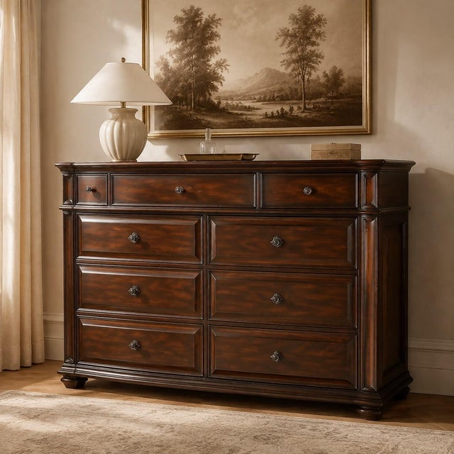Substantial solid wood nine-drawer dresser by Arhaus, featuring an oversized scale, rich dark brown finish and beautifully...