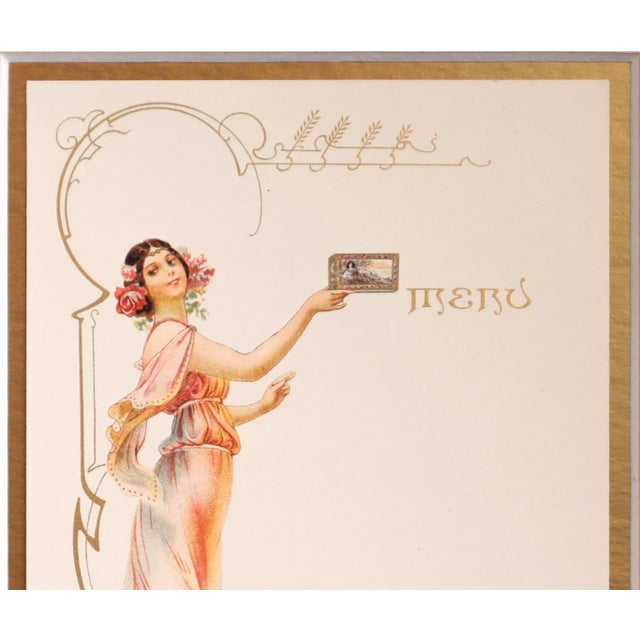 Art Nouveau 1900 Original French Advertising Menu (Woman in Orange Dress Holding Mucha Box) Matted For Sale - Image 3 of 5