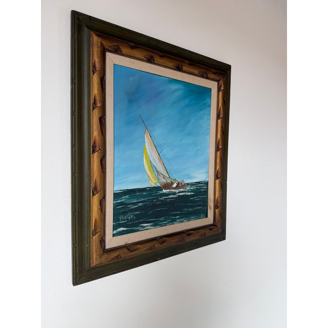 Vintage Sailboat Seascape Oil Painting on Board – Framed For Sale - Image 4 of 15