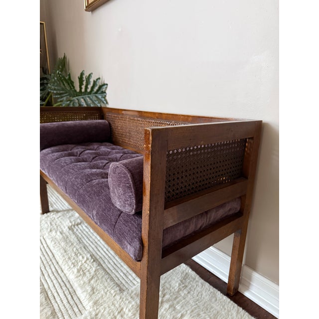1950s Vintage Mid-Century Modern Tufted Cane Back Bench For Sale - Image 4 of 11