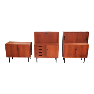 1960s Modular Mid-Century Freestanding Walnut Wall Unit with Drop Down Desk Bookshelves- 5 Pieces