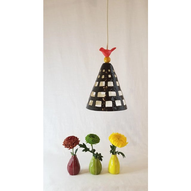 Contemporary Handmade Ceramic Black Cage, Pendant Light in Red and Yellow Bead Detailing For Sale In Seattle - Image 6 of 7