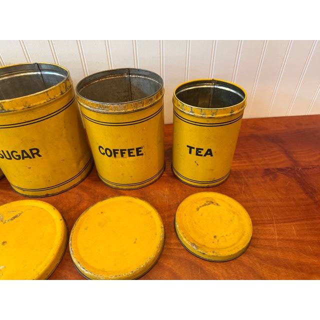 Yellow Early 20th Century Bright Yellow Enamel Flour, Sugar, Coffee & Tea Kitchen Canisters – Set of 4 For Sale - Image 8 of 17