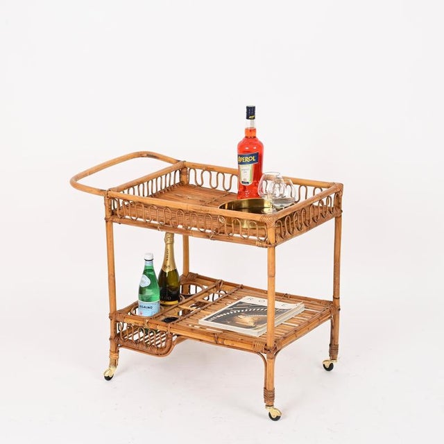 Vintage Italian Rattan and Wicker Serving Bar Cart by Franco Albini, Italy, 1960s For Sale - Image 6 of 15
