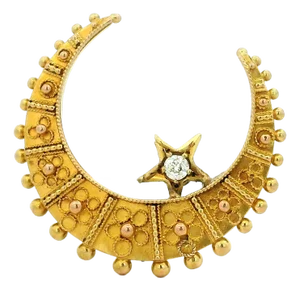 Late 19th Century Victorian 15k Gold Diamond Crescent Moon and Star Brooch