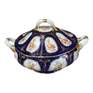 Vintage Cobalt Blue Fine Porcelain Hand Painted Floral Roses Gilded Covered Dish