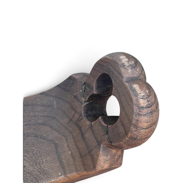 Wood Vintage Brutalist Hand-Carved Wood Tripod Bar Stool With Forged Iron Footrest For Sale - Image 7 of 8